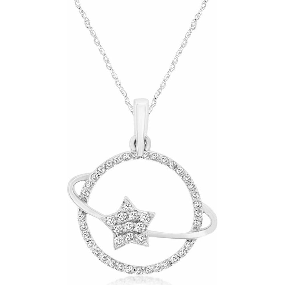 14K White Gold Star Motif Pendant with Pavé-Set Round Diamonds - 0.16 Carat Total Diamond Weight - Royal Jewelry