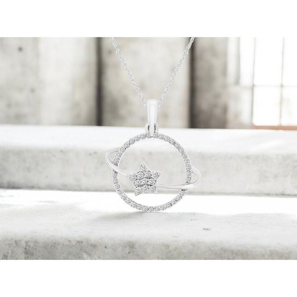 14K White Gold Star Motif Pendant with Pavé-Set Round Diamonds - 0.16 Carat Total Diamond Weight - Royal Jewelry