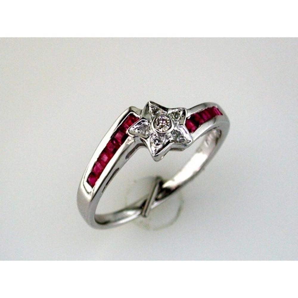 14K White Gold Star Motif Ring with 0.07 Carat Round Diamond and 0.46 Carat Princess Cut Ruby Channel Set Band - Royal Jewelry