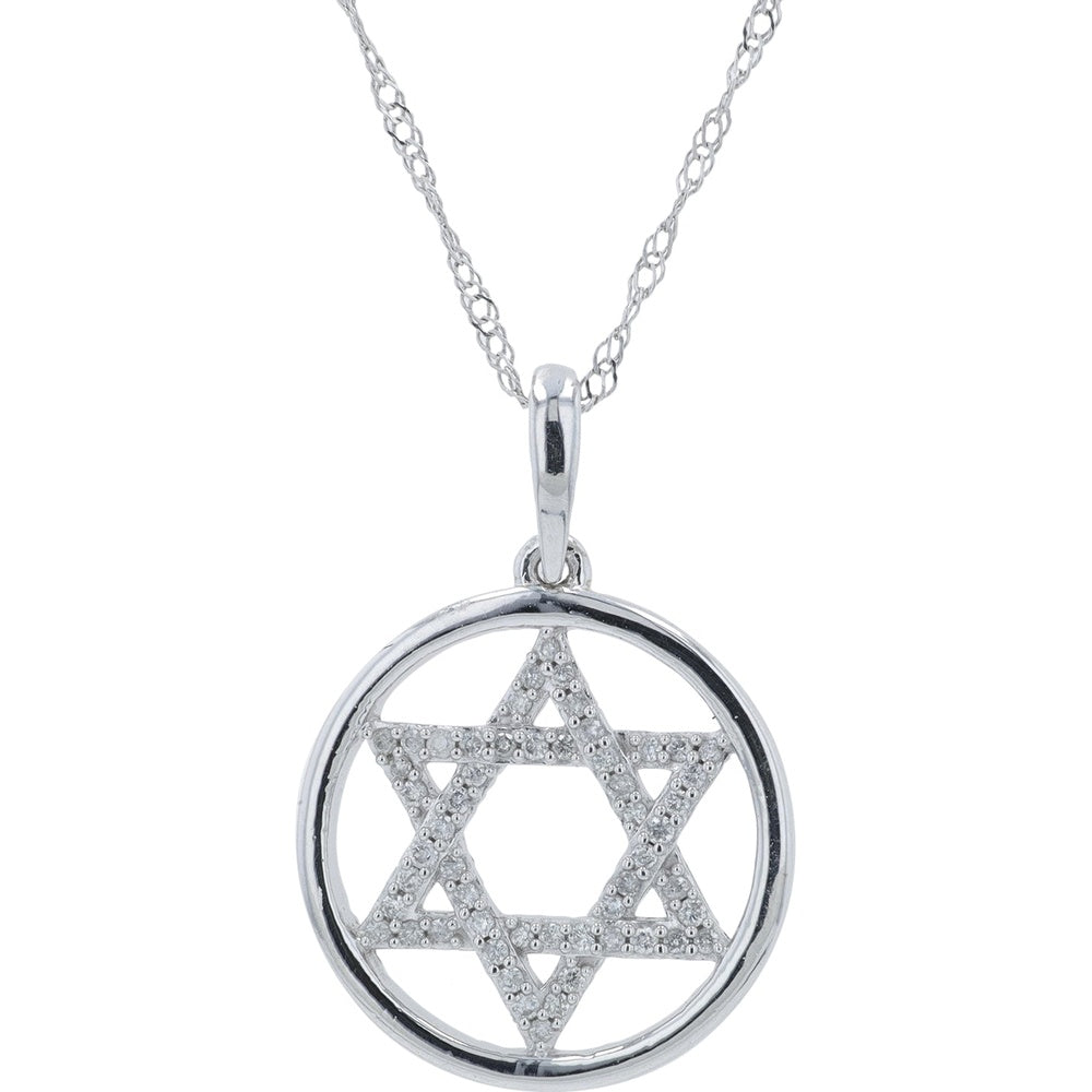 14K White Gold Star of David Pendant with Pavé Set Round Diamonds - 0.20 Carat Total Diamond Weight