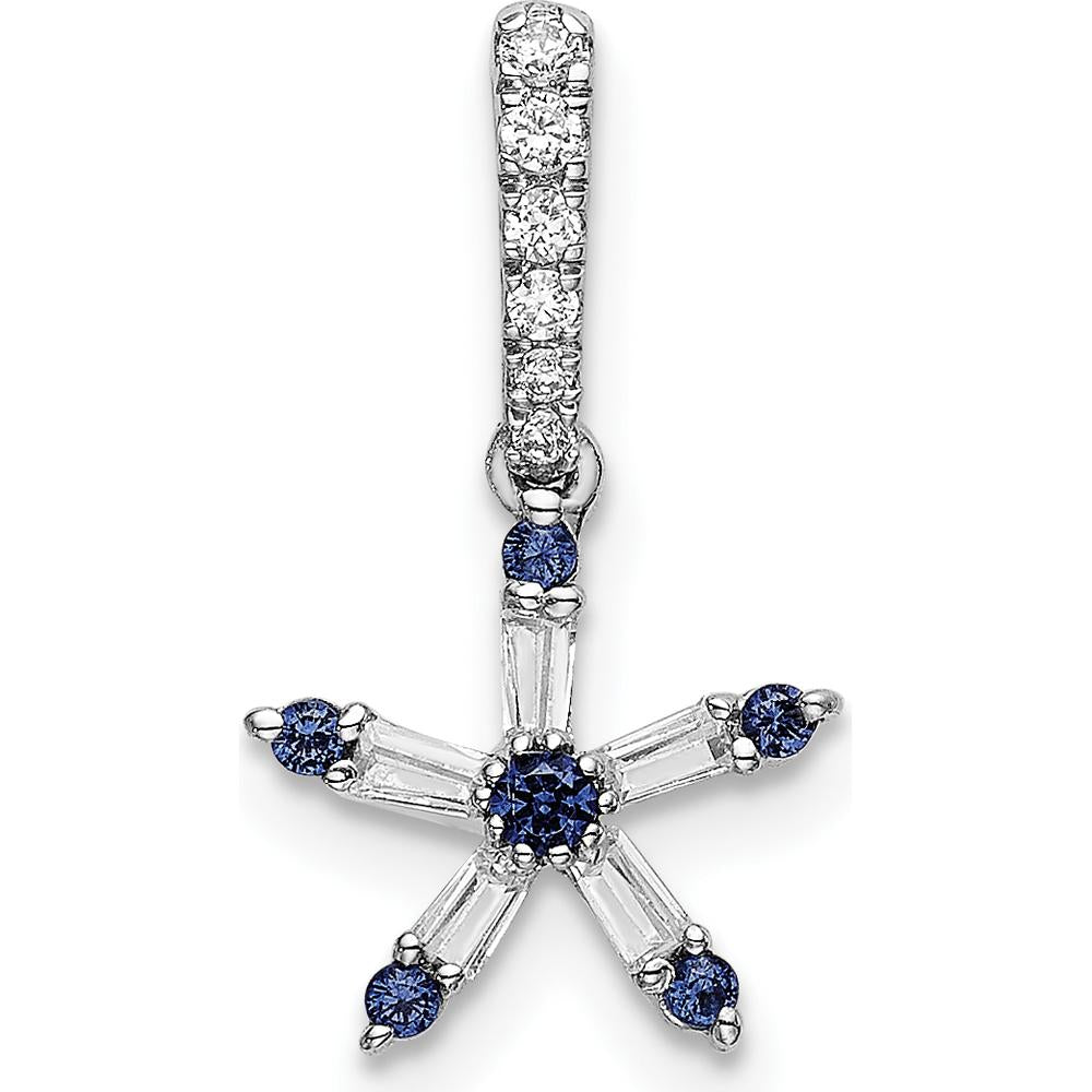 14K White Gold Star Pendant with Round Blue Sapphires and Baguette Diamonds - 0.06 Carat Total Diamond Weight, 0.02 Carat Total Sapphire Weight by Oro Pregiato