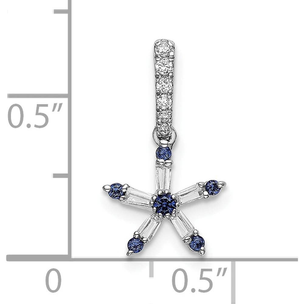 14K White Gold Star Pendant with Round Blue Sapphires and Baguette Diamonds - 0.06 Carat Total Diamond Weight, 0.02 Carat Total Sapphire Weight by Oro Pregiato