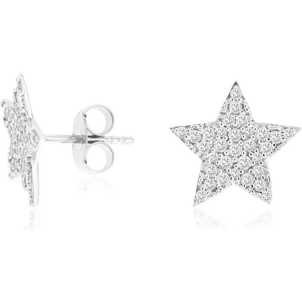 14K White Gold Star Stud Earrings with Pavé Set Round Diamonds - 0.48 Carat Total Diamond Weight - Royal Jewelry