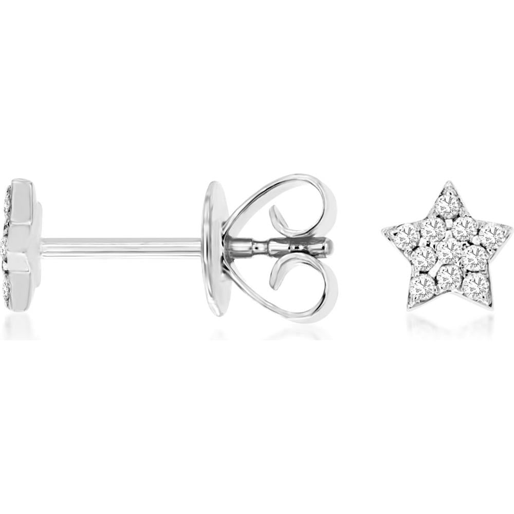 14K White Gold Star Stud Earrings with Round Diamonds - 0.10 Carat Total Diamond Weight - Royal Jewelry