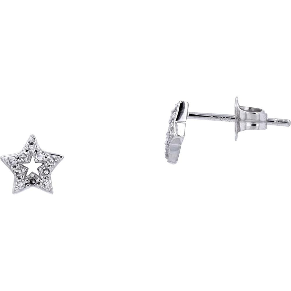 14K White Gold Star Stud Earrings with Round Diamonds - 0.10 Carats Total Diamond Weight