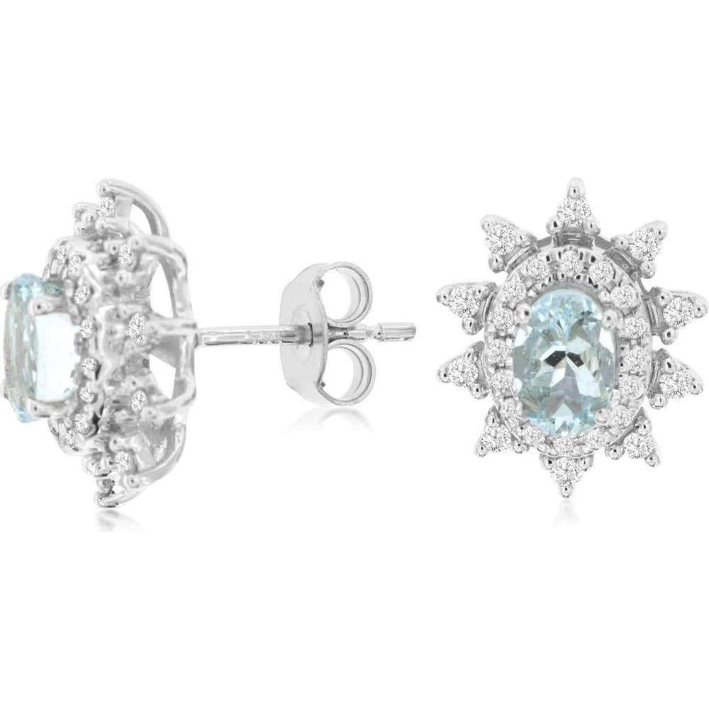 14K White Gold Starburst Halo Earrings with Oval Aquamarine and Round Diamonds - 0.85 Carat Total Aquamarine Weight, 0.35 Carat Total Diamond Weight - Royal Jewelry