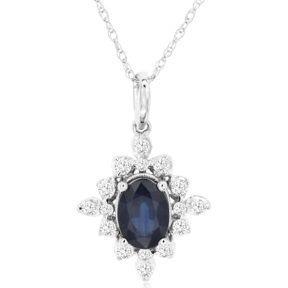 14K White Gold Starburst Halo Pendant with 1 Carat Oval Sapphire and 0.25 Carat Total Round Diamonds - Royal Jewelry