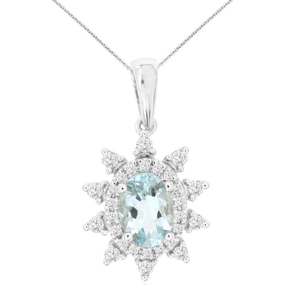 14K White Gold Starburst Halo Pendant with Oval Aquamarine and Round Diamonds - 0.93 Carat Total Gem Weight - Royal Jewelry