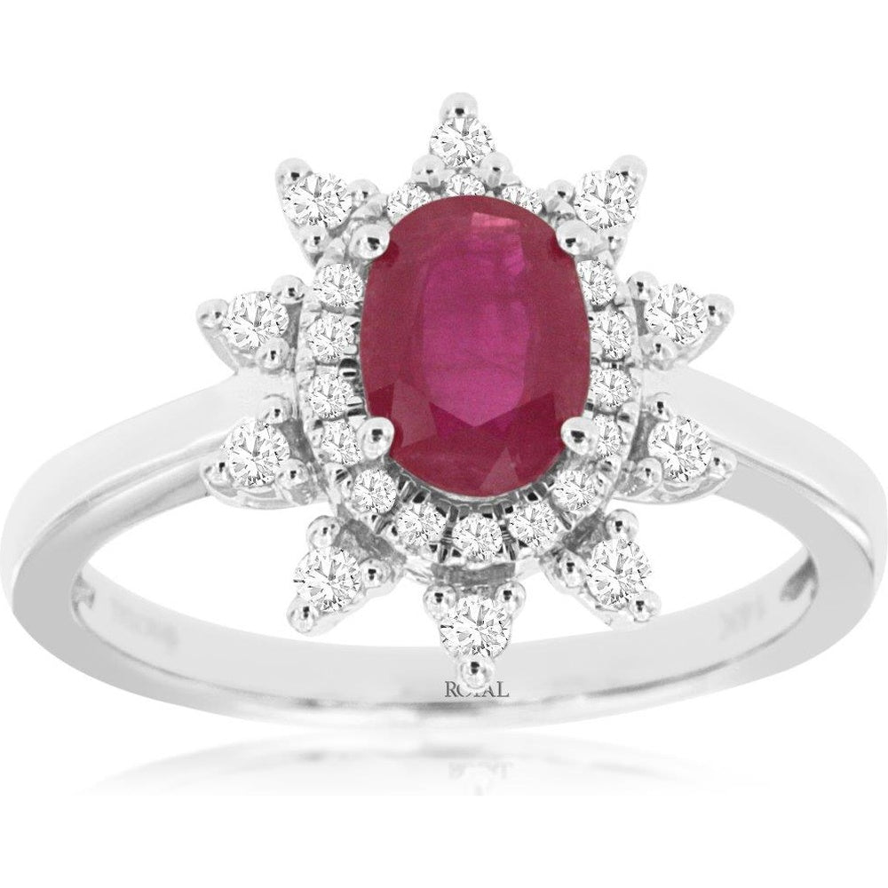 14K White Gold Starburst Halo Ring with 0.90 Carat Oval Ruby and 0.25 Carat Round Diamonds - Royal Jewelry
