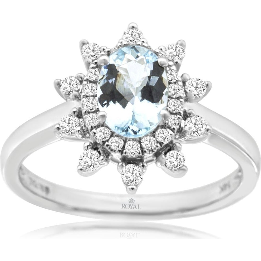 14K White Gold Starburst Halo Ring with Oval Aquamarine and Round Diamonds - 0.68 Carat Aquamarine and 0.25 Carat Total Diamond Weight - Royal Jewelry