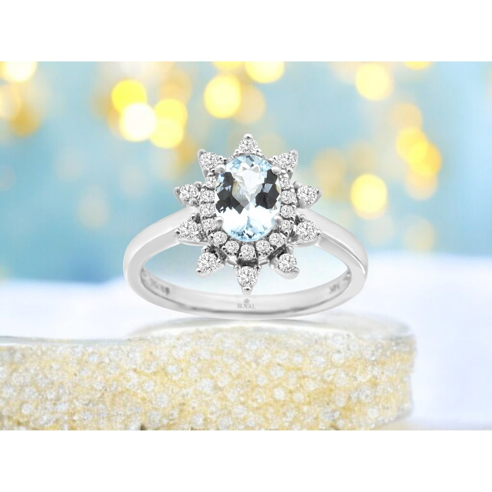 14K White Gold Starburst Halo Ring with Oval Aquamarine and Round Diamonds - 0.68 Carat Aquamarine and 0.25 Carat Total Diamond Weight - Royal Jewelry