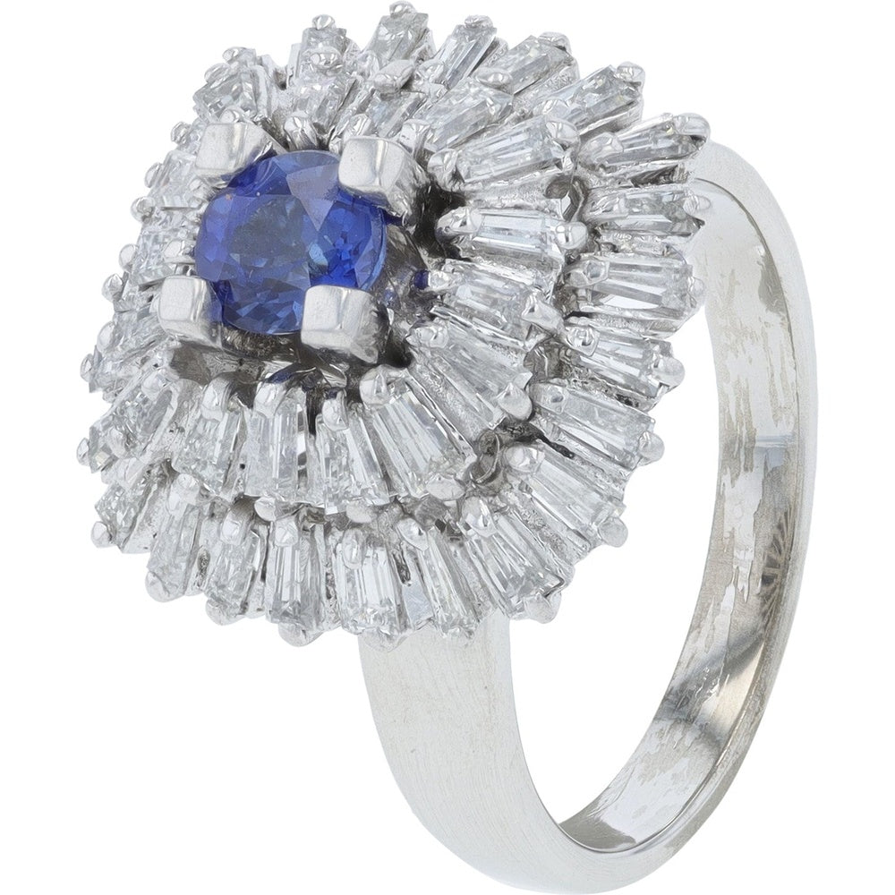 14K White Gold Starburst Halo Ring with Oval Sapphire and Baguette Diamonds - 0.58 Carat Sapphire and 1.00 Carat Total Diamond Weight