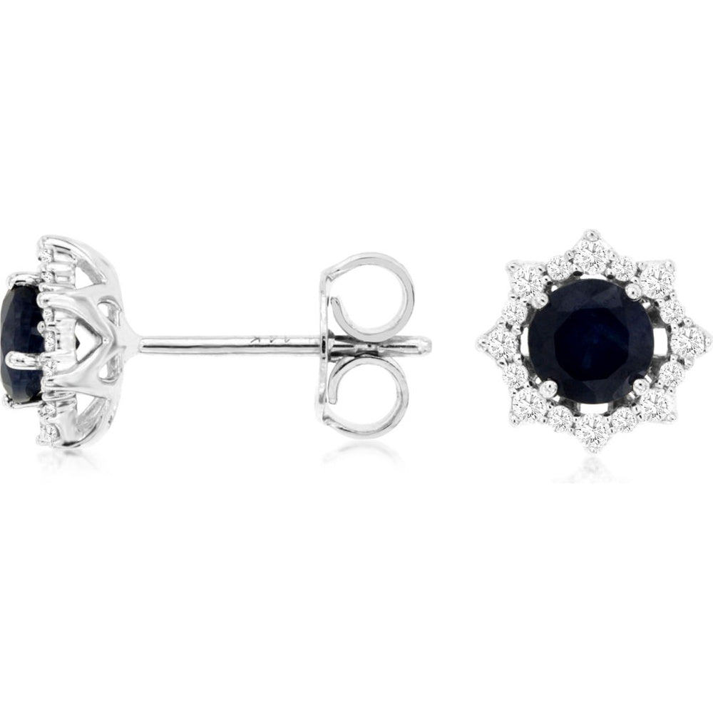 14K White Gold Starburst Halo Stud Earrings with Round Sapphires and Diamond Accents - 0.90 Carat Total Sapphire Weight and 0.20 Carat Total Diamond Weight - Royal Jewelry