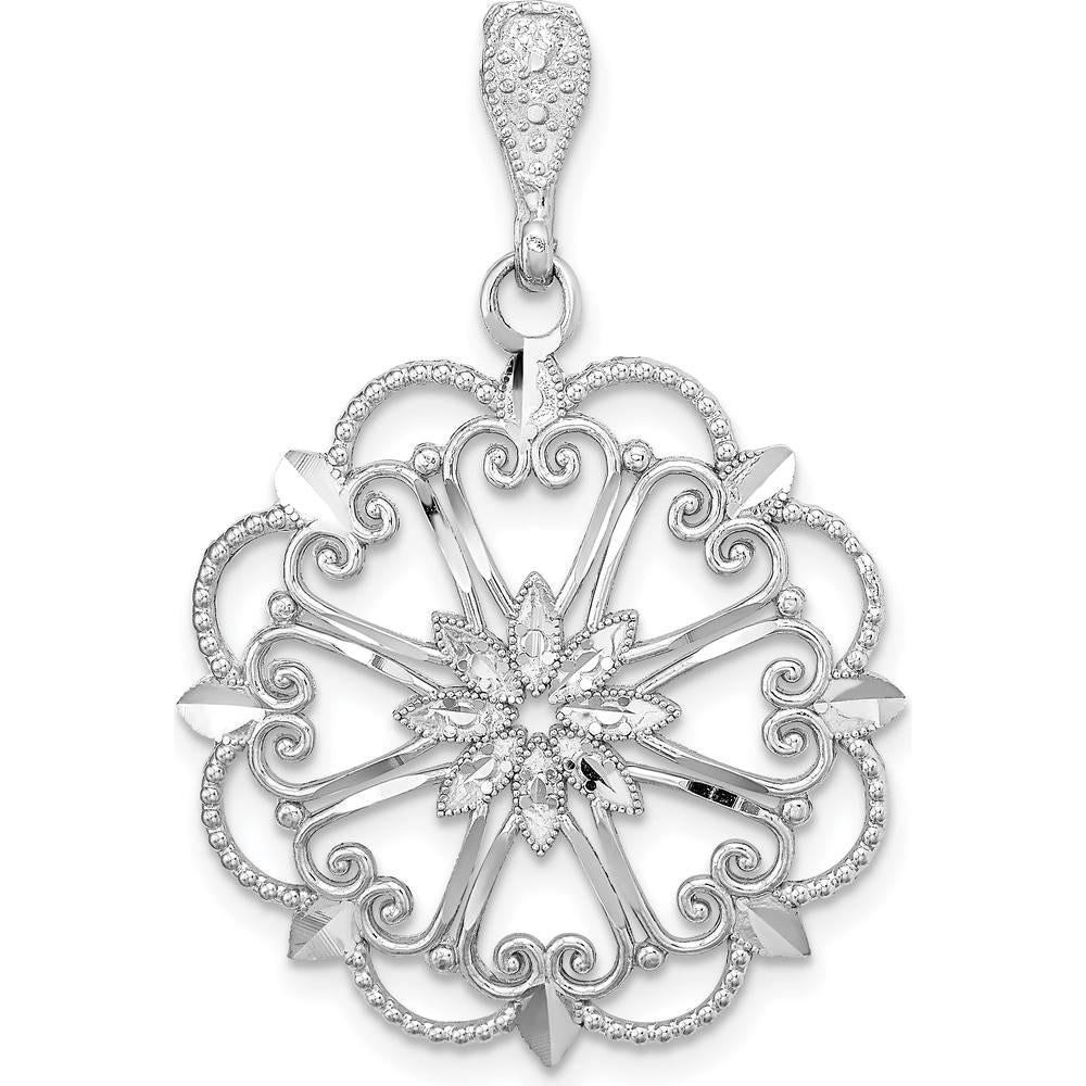 14K White Gold Starburst Heart Pendant with Diamond-Cut Beaded Detail by Oro Pregiato