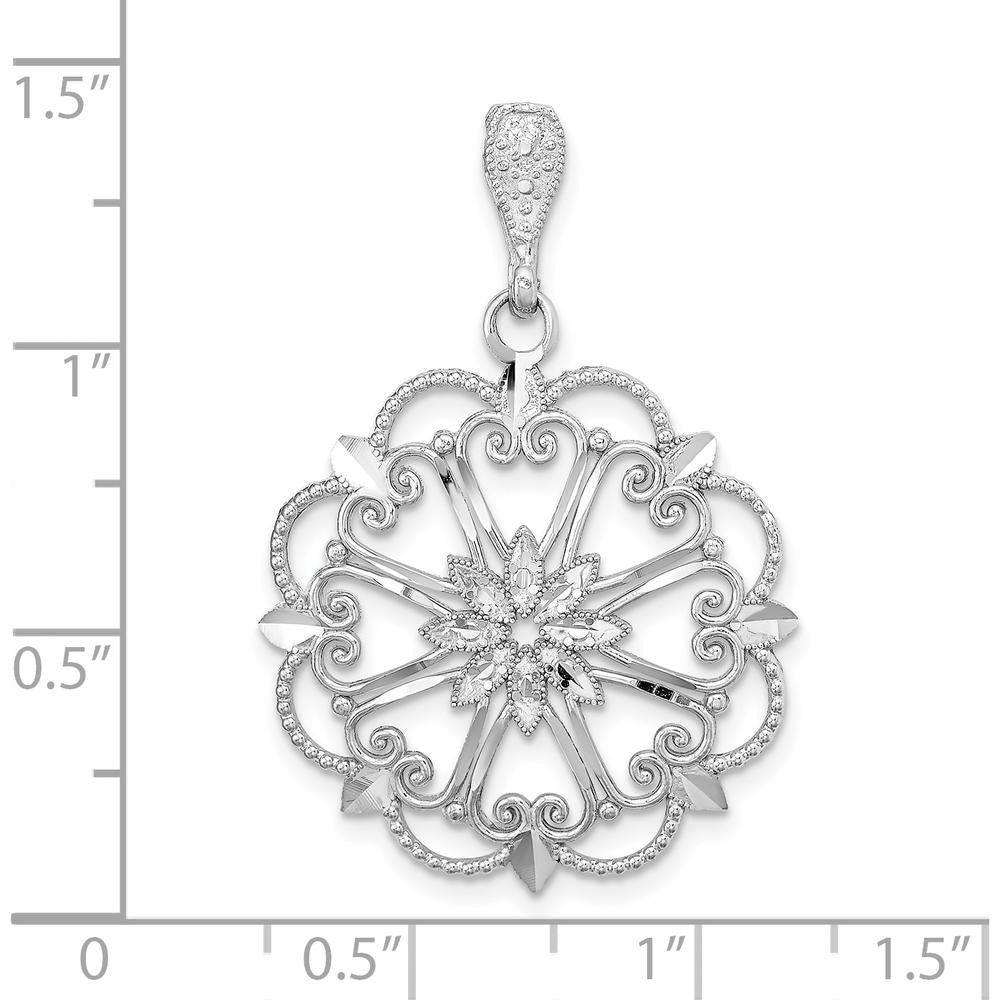 14K White Gold Starburst Heart Pendant with Diamond-Cut Beaded Detail by Oro Pregiato