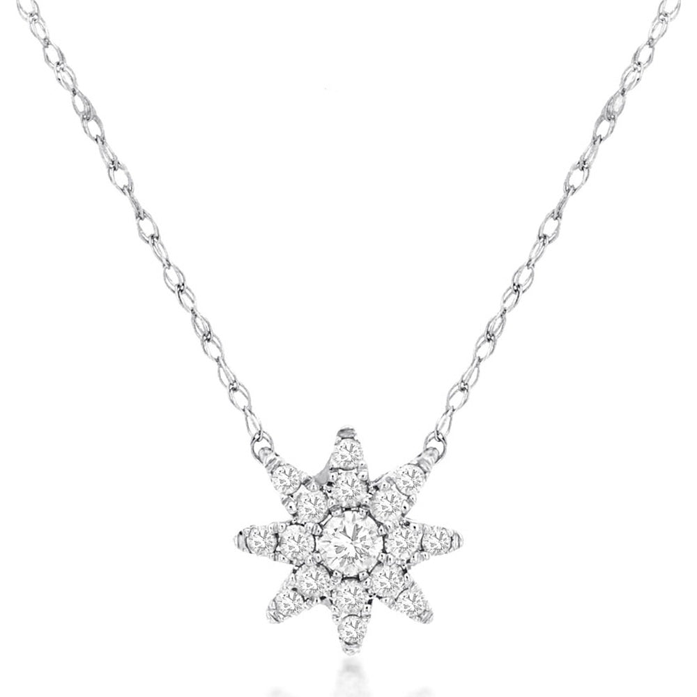 14K White Gold Starburst Pendant Necklace with Round Diamond Halo - 0.25 Carat Total Diamond Weight - Royal Jewelry