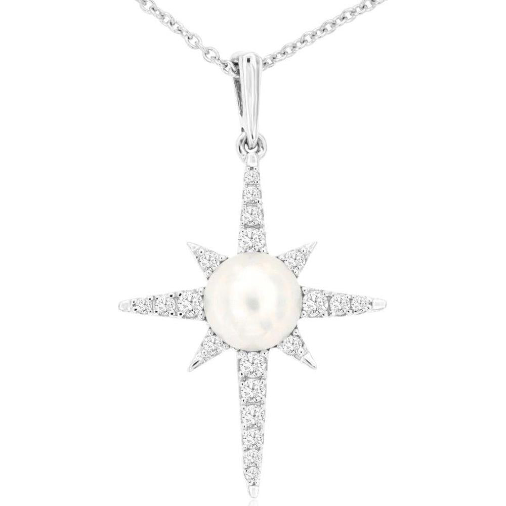 14K White Gold Starburst Pendant Necklace with Round Pearl and 0.20 Carat Diamonds - Royal Jewelry