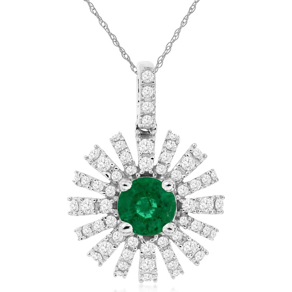 14K White Gold Starburst Pendant with 0.45 Carat Round Emerald and 0.33 Carat Diamond Accents - Royal Jewelry