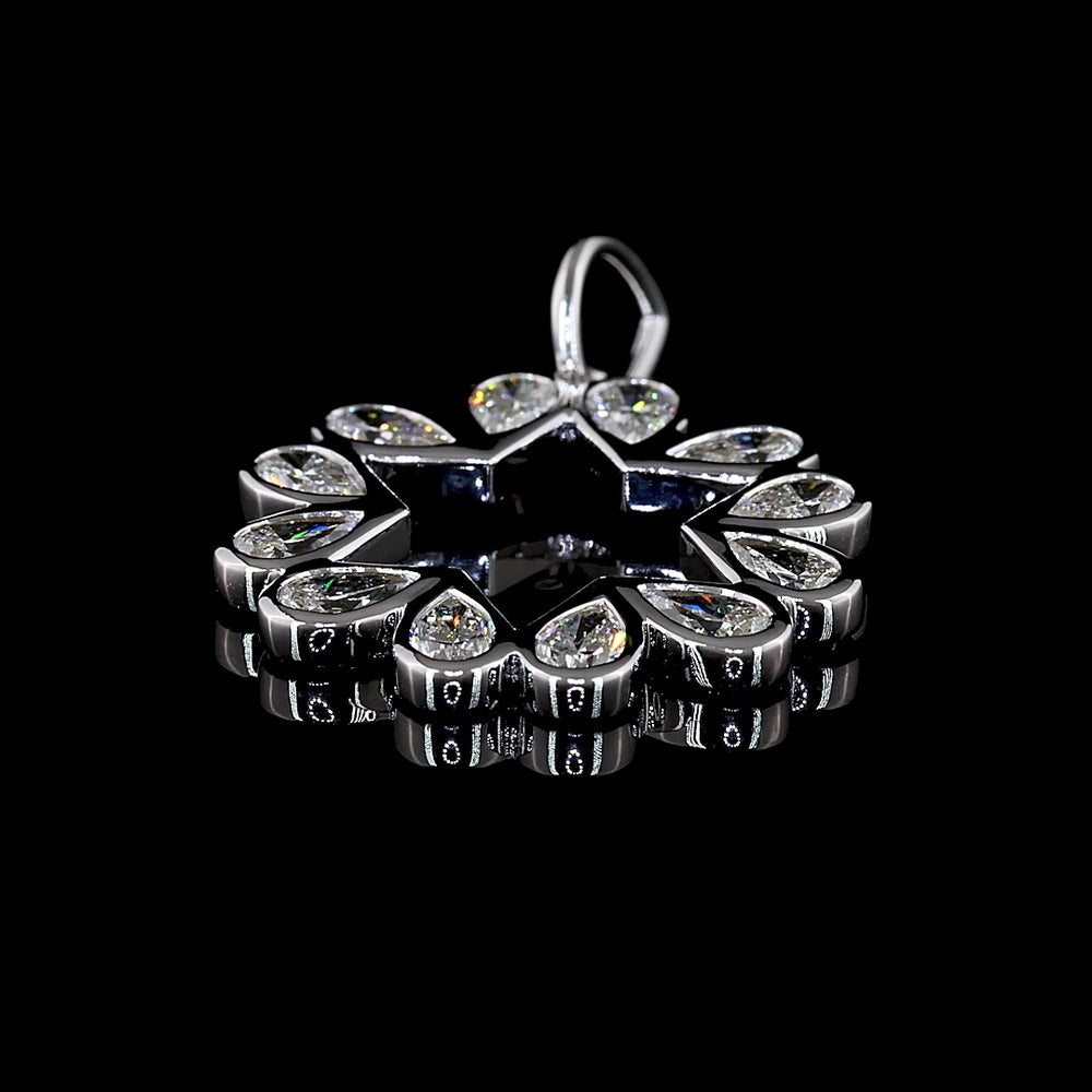 14K White Gold Starburst Pendant with 12 Bezel-Set Pear-Shaped Lab Diamonds - 1.31 Carat Total Weight, E-F Color VS Clarity - Covaloro Fine Jewelry