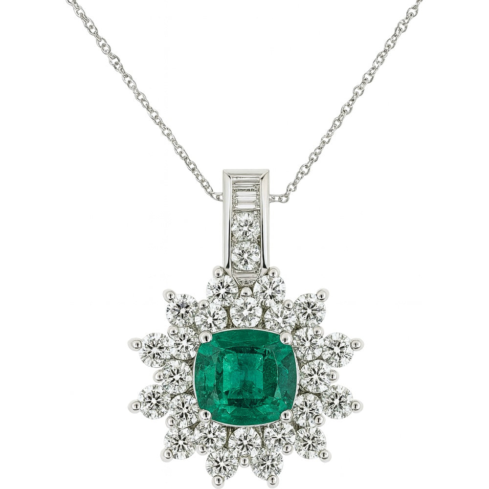 14K White Gold Starburst Pendant with Cushion Cut Emerald and Diamond Halo - 1.87 Carat Emerald and 1.49 Carat Total Diamond Weight by Auriventus