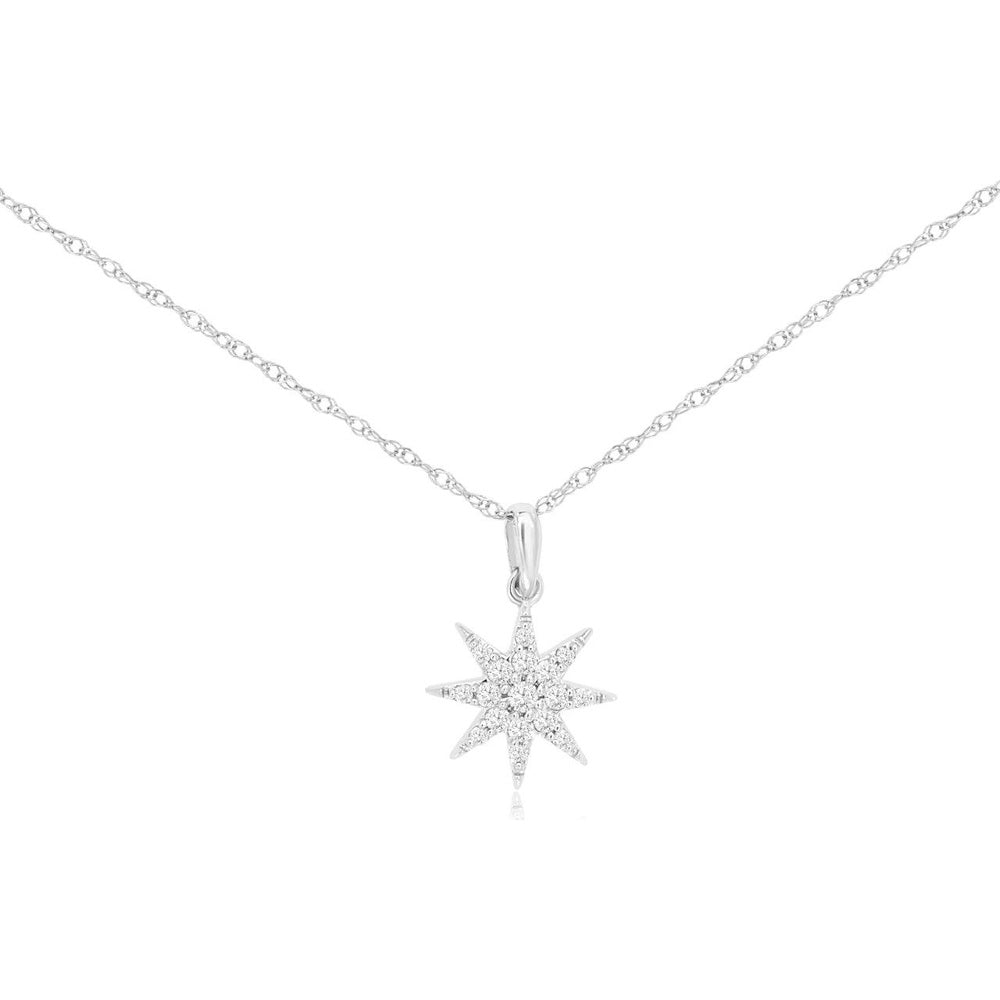 14K White Gold Starburst Pendant with Prong-Set Round Diamonds - 0.10 Carat Total Diamond Weight - Royal Jewelry