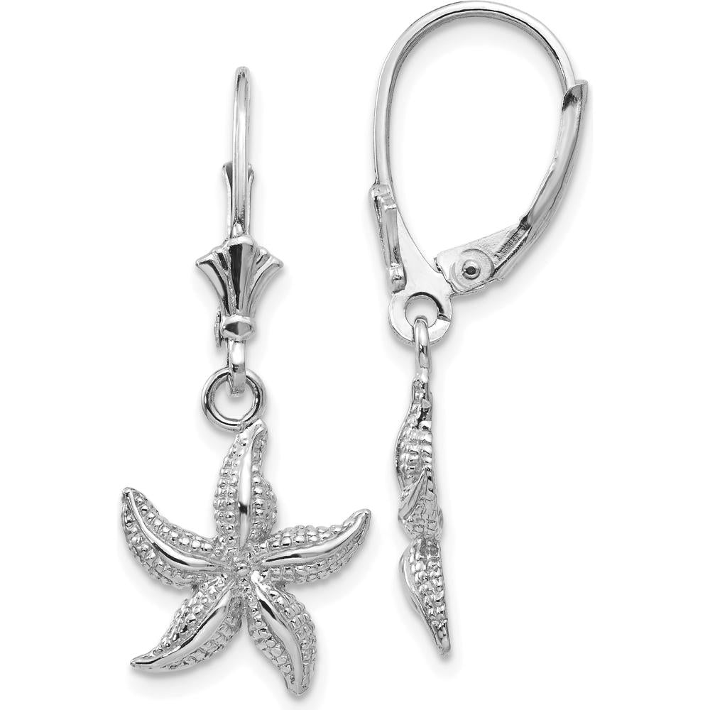 14K White Gold Starfish Leverback Drop Earrings with Rhodium Plating by Oro Pregiato