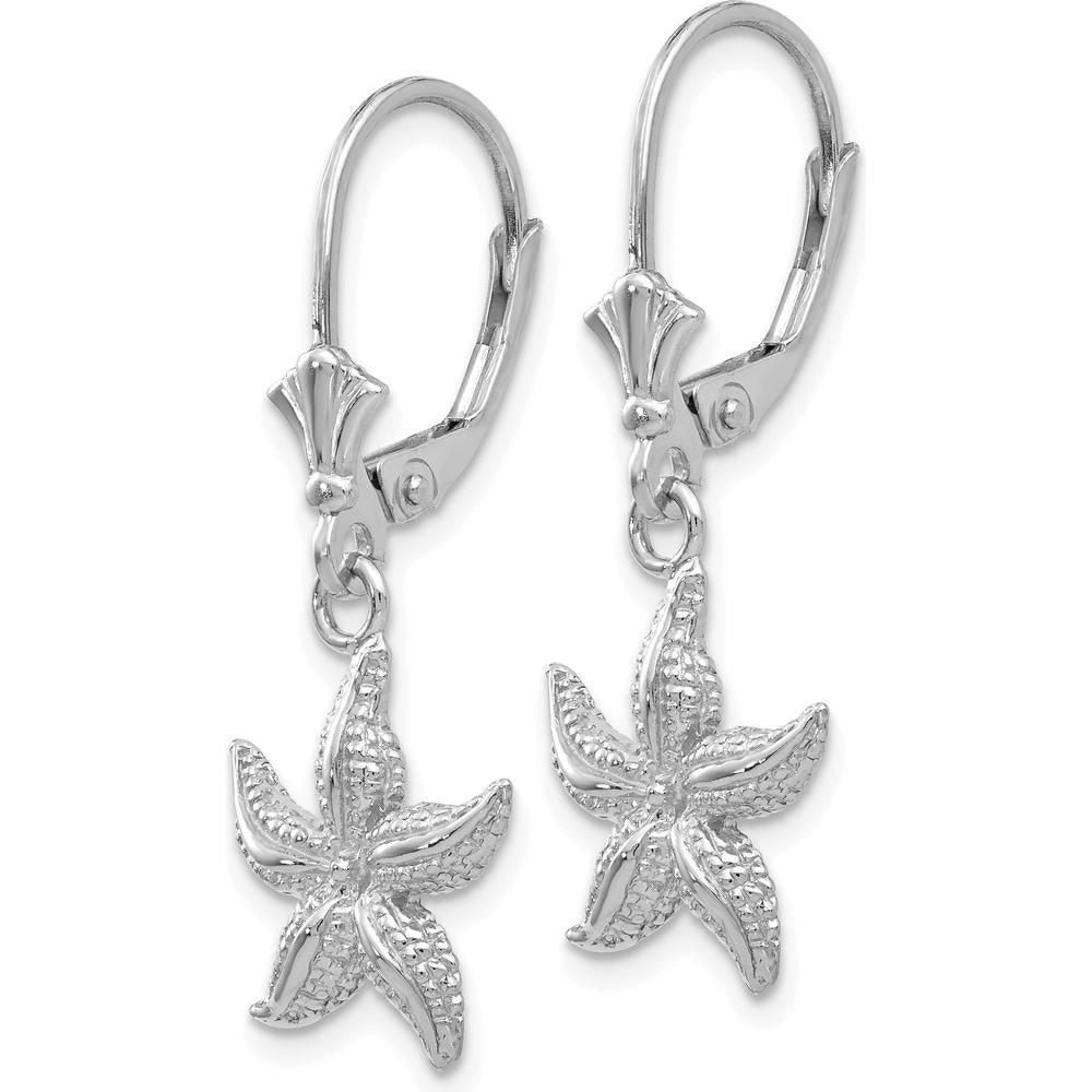 14K White Gold Starfish Leverback Drop Earrings with Rhodium Plating by Oro Pregiato
