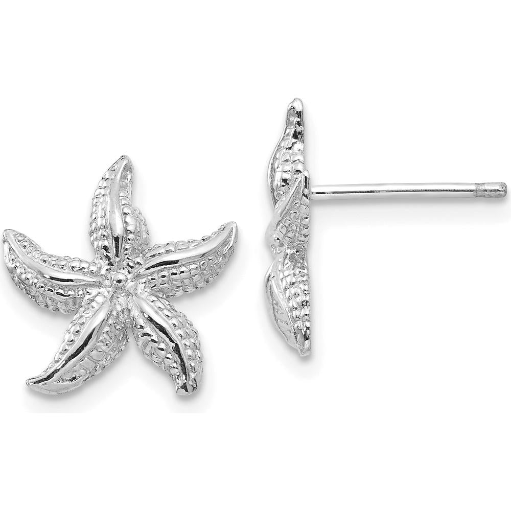 14K White Gold Starfish Stud Earrings with Rhodium Plating - 13mm Length by Oro Pregiato