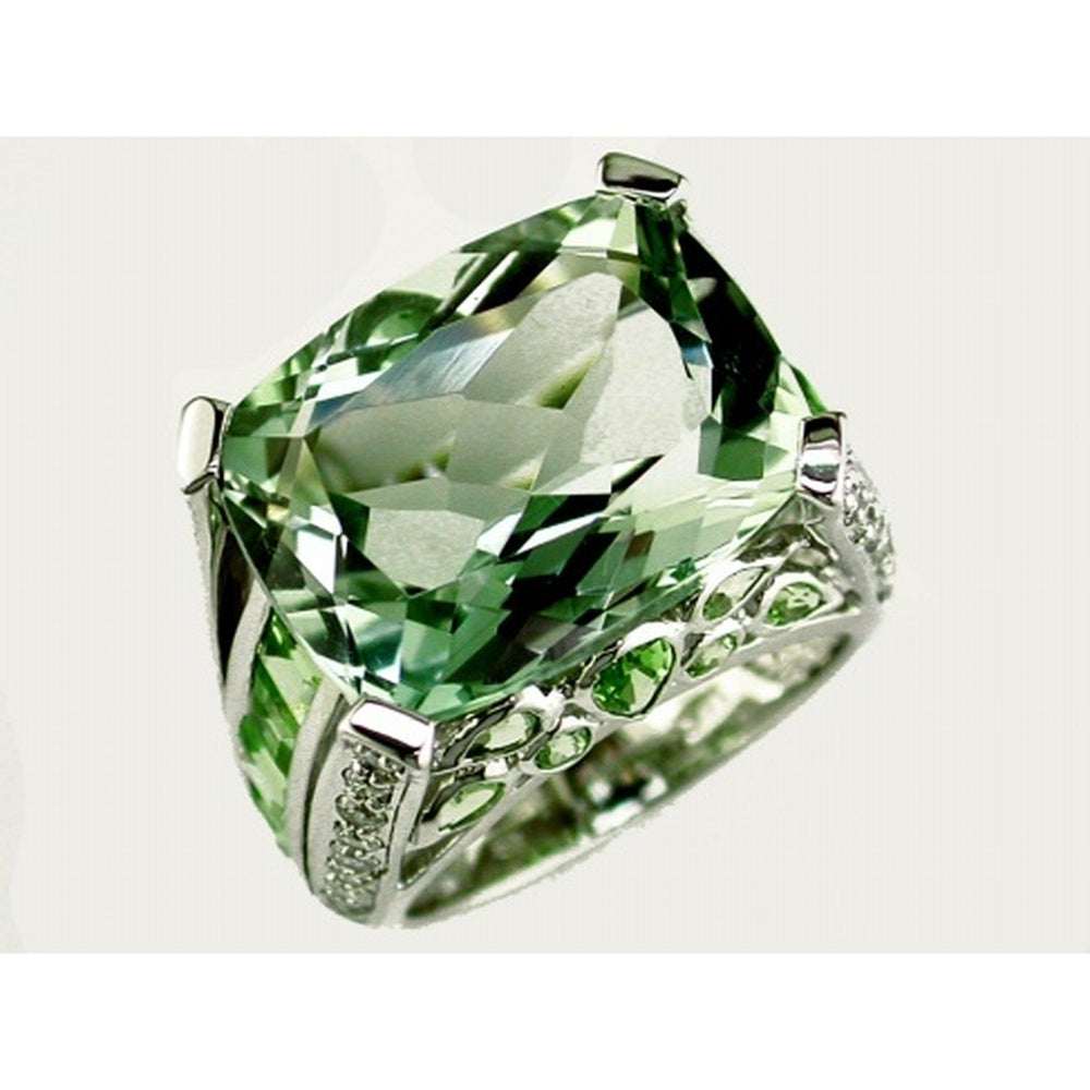 14K White Gold Statement Ring with 14.50 Carat Cushion-Cut Green Amethyst, 0.72 Carat Round Diamonds, and Accent Peridot Gemstones - Royal Jewelry