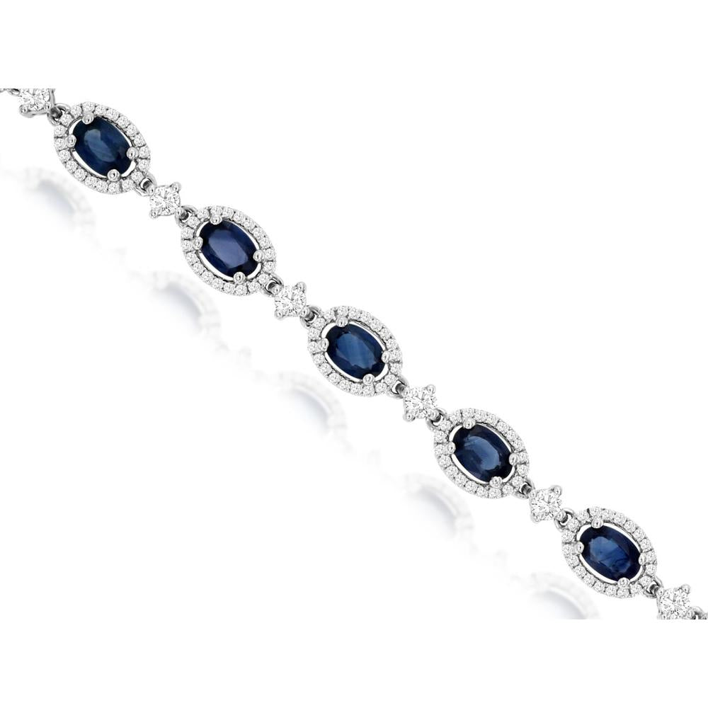 14K White Gold Station Bracelet with 8.45 Carat Oval Sapphire and 2.00 Carat Diamond Halo Accents - Royal Jewelry