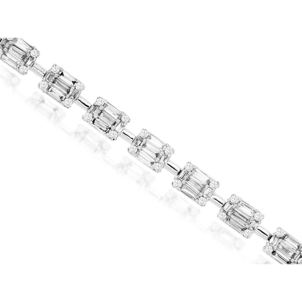 14K White Gold Station Bracelet with Baguette and Round Diamond Clusters - 2.10 Carat Total Diamond Weight - Royal Jewelry