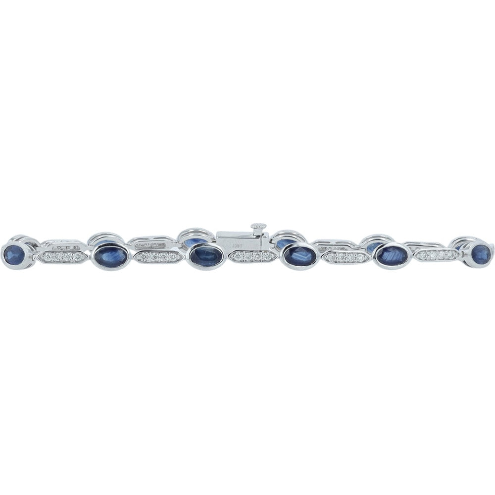 14K White Gold Station Bracelet with Bezel-Set Oval Sapphires and Pavé Diamonds - 4.00 Carat Total Sapphire Weight and 0.50 Carat Total Diamond Weight