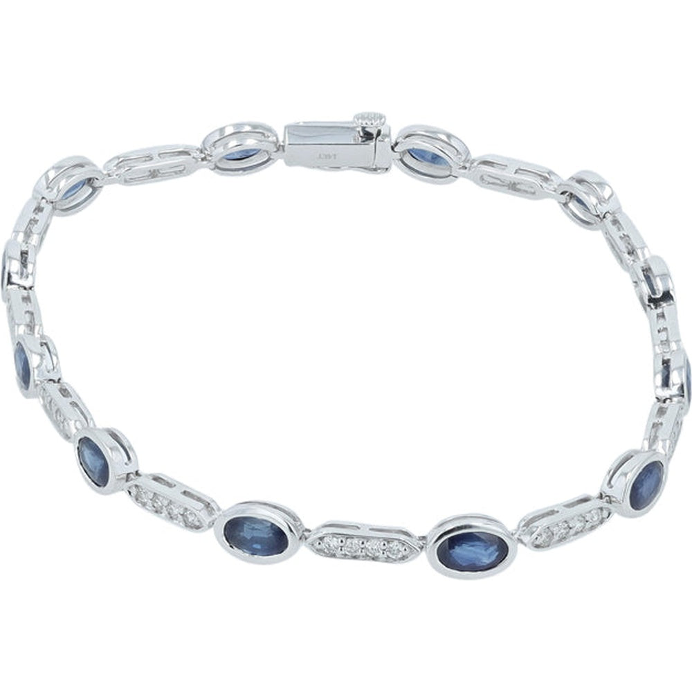 14K White Gold Station Bracelet with Bezel-Set Oval Sapphires and Pavé Diamonds - 4.00 Carat Total Sapphire Weight and 0.50 Carat Total Diamond Weight
