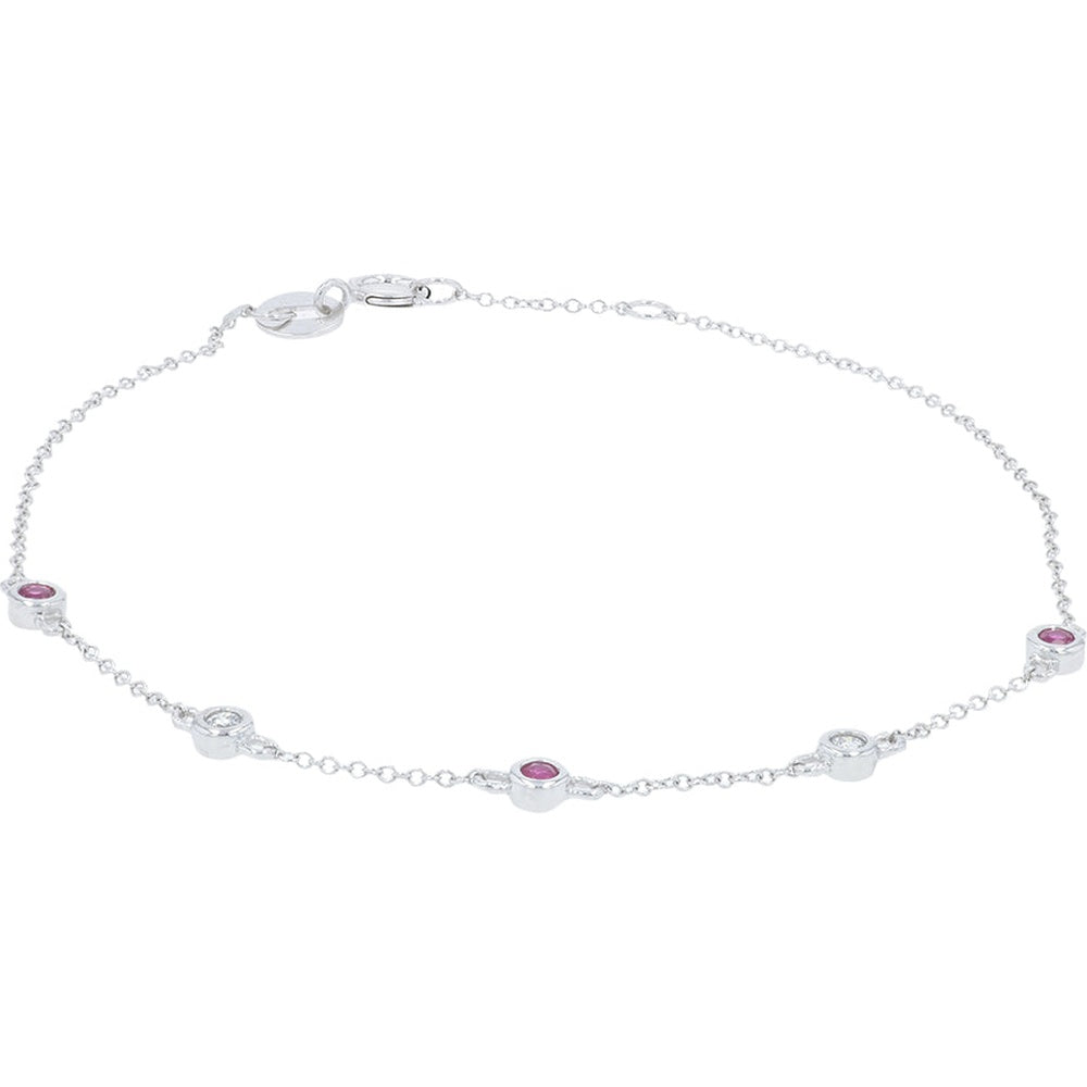 14K White Gold Station Bracelet with Bezel-Set Round Rubies and Diamond Accents - 0.12 Carat Total Ruby Weight and 0.05 Carat Total Diamond Weight
