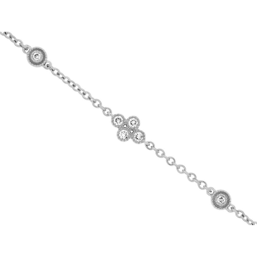 14K White Gold Station Bracelet with Floral Round Diamond Center and Bezel Diamond Accents - 0.14 Carat Total Diamond Weight - Royal Jewelry