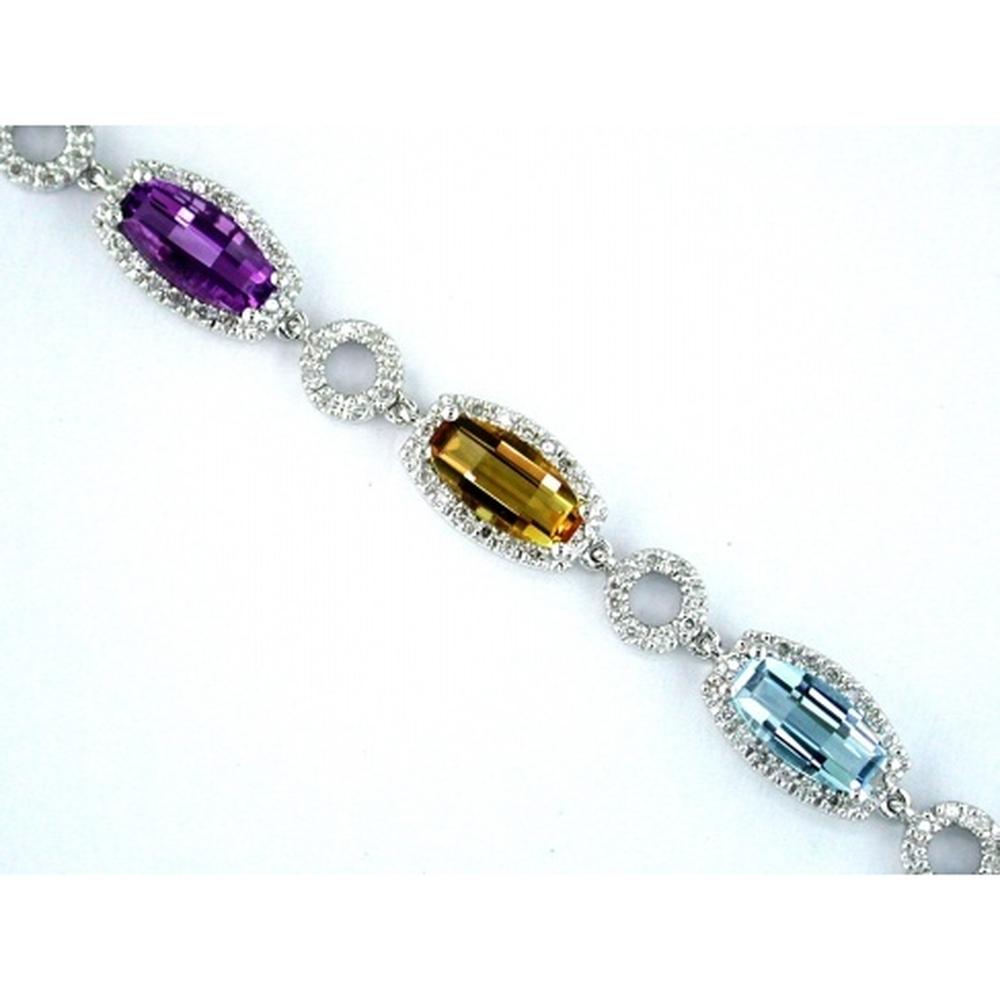 14K White Gold Station Bracelet with Halo-Set Round Diamonds and Multi-Colored Special-Cut Amethyst, Citrine, and Blue Topaz - 0.77 Carat Total Diamond Weight and 8.25 Carat Total Semi-Precious Gem Weight - Royal Jewelry