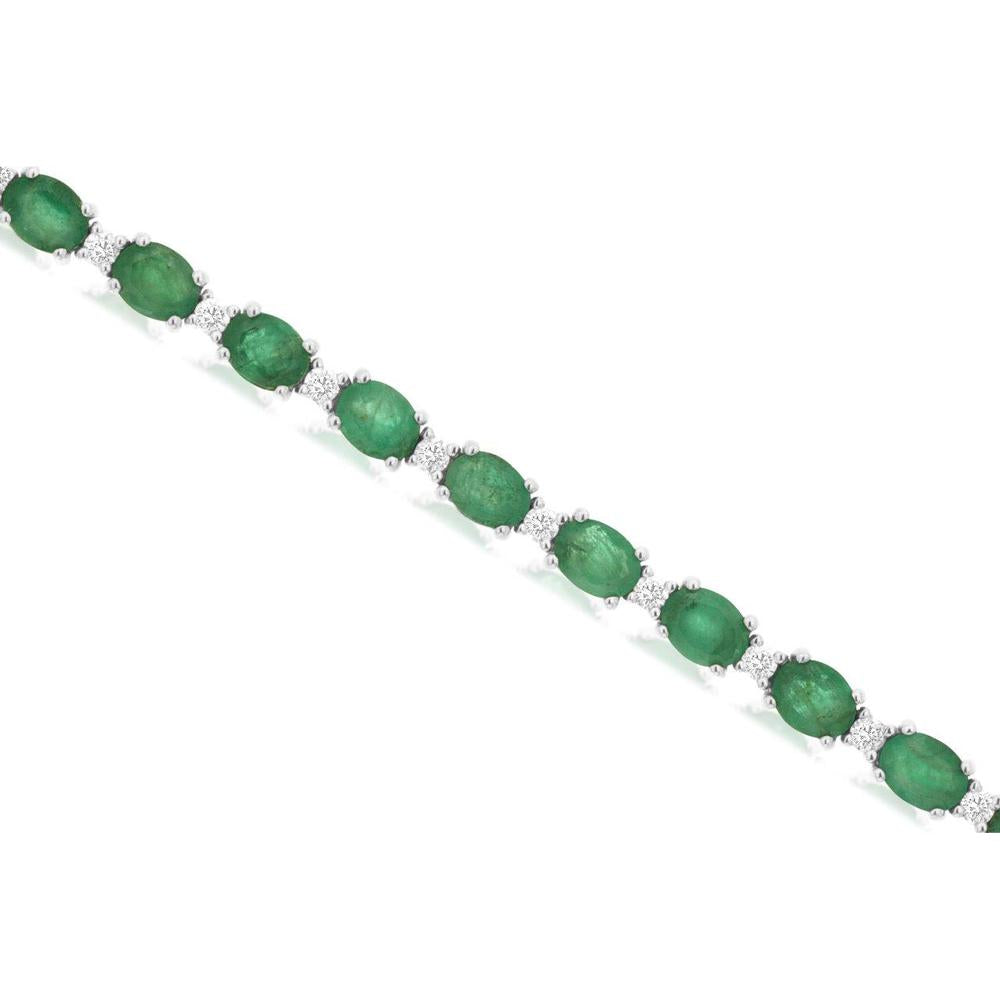 14K White Gold Station Bracelet with Oval Cabochon Emeralds and Round Diamond Accents – 5.30 Carat Total Emerald Weight, 0.50 Carat Total Diamond Weight - Royal Jewelry