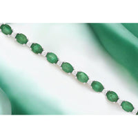 14K White Gold Station Bracelet with Oval Cabochon Emeralds and Round Diamond Accents – 5.30 Carat Total Emerald Weight, 0.50 Carat Total Diamond Weight - Royal Jewelry