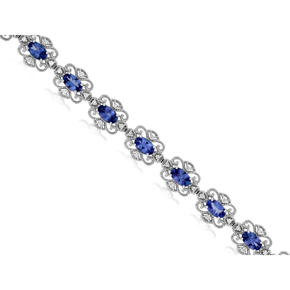 14K White Gold Station Bracelet with Oval Tanzanite and Diamond Accents - 3.75 Carat Total Tanzanite Weight, 0.27 Carat Total Diamond Weight - Royal Jewelry