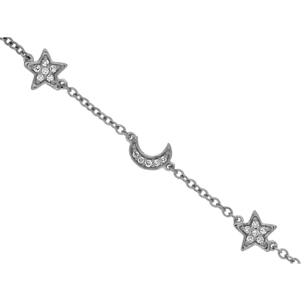 14K White Gold Station Bracelet with Pavé-Set Diamond Crescent Moon and Star Motifs - 0.10 Carat Total Diamond Weight - Royal Jewelry