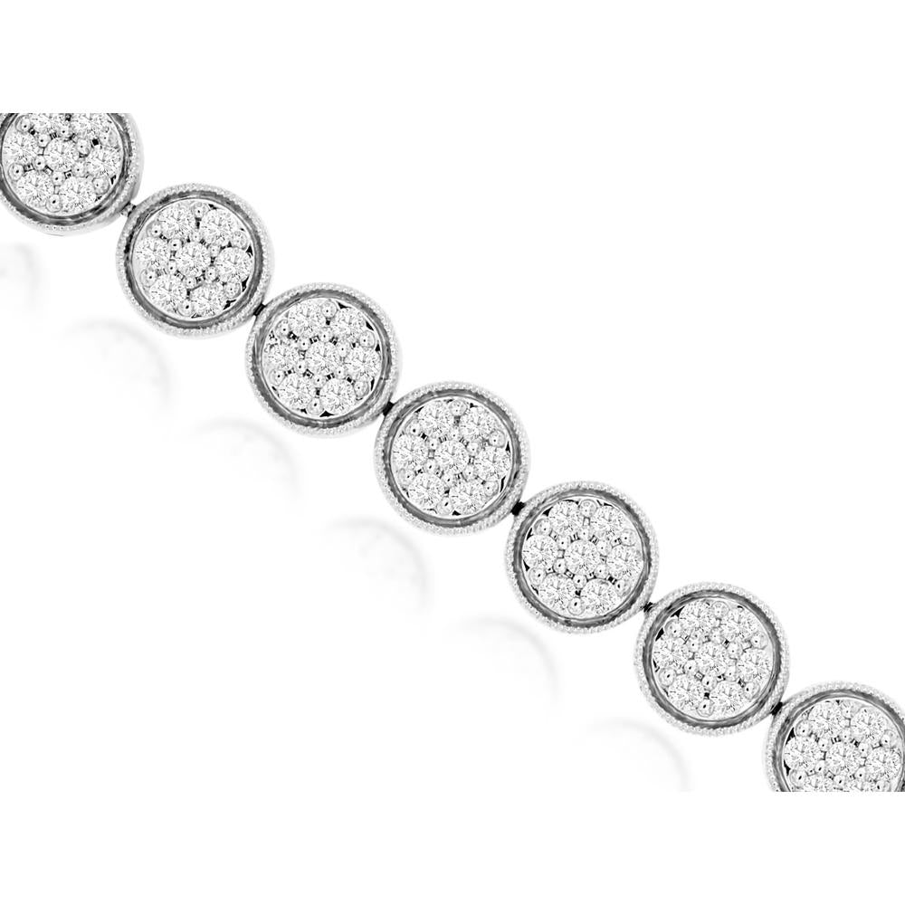 14K White Gold Station Bracelet with Pavé Set Round Diamond Clusters and Milgrain Detail - 3.00 Carat Total Diamond Weight - Royal Jewelry