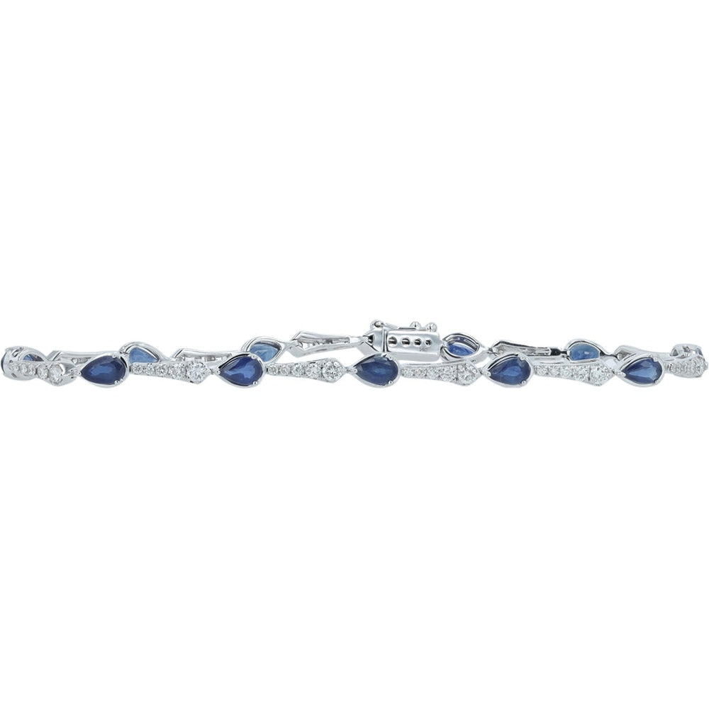 14K White Gold Station Bracelet with Pear-Shaped Sapphires and Round Diamonds - 3.00 Carat Total Sapphire Weight and 1.15 Carat Total Diamond Weight