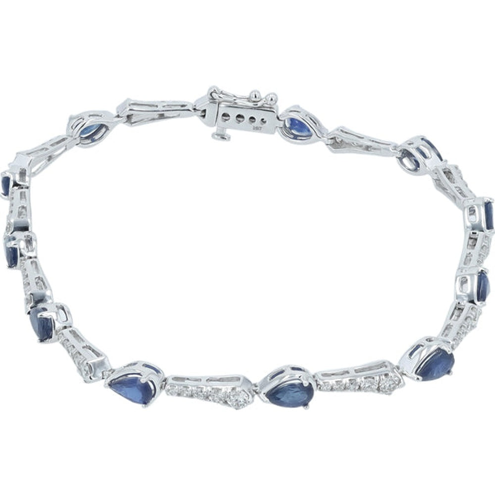 14K White Gold Station Bracelet with Pear-Shaped Sapphires and Round Diamonds - 3.00 Carat Total Sapphire Weight and 1.15 Carat Total Diamond Weight
