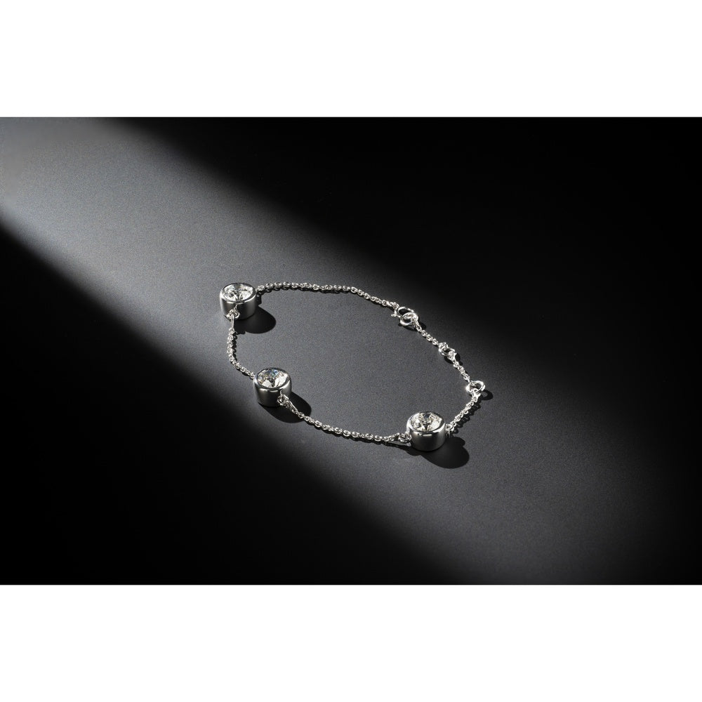 14K White Gold Station Bracelet with Three Bezel-Set Old European Cut Lab Diamonds - 3.18 Carat Total Diamond Weight, D Color VS1 Clarity - Covaloro Fine Jewelry