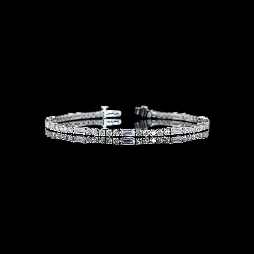 14K White Gold Station Line Tennis Bracelet with East-West Baguette and Round Lab Diamonds - 4.23 Carats Total Diamond Weight - Covaloro Fine Jewelry