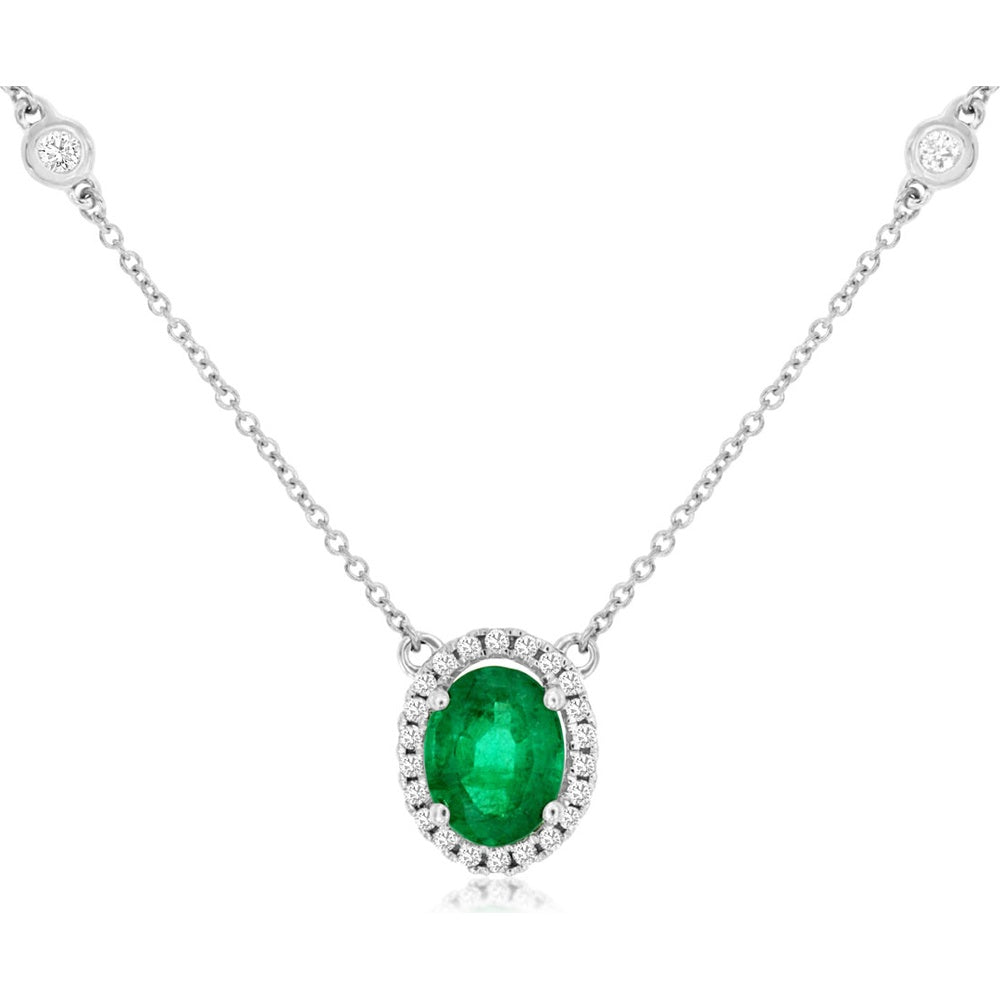 14K White Gold Station Necklace with 1.10 Carat Oval Emerald and 0.24 Carat Diamond Halo Pendant - Royal Jewelry