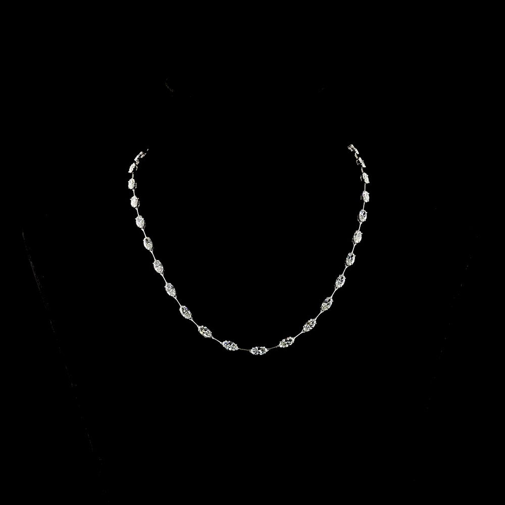 14K White Gold Station Necklace with 32 East-West Set Moval Cut Lab Diamonds - 12.75 Carat Total Weight, E-F Color VS1 Clarity - Covaloro Fine Jewelry