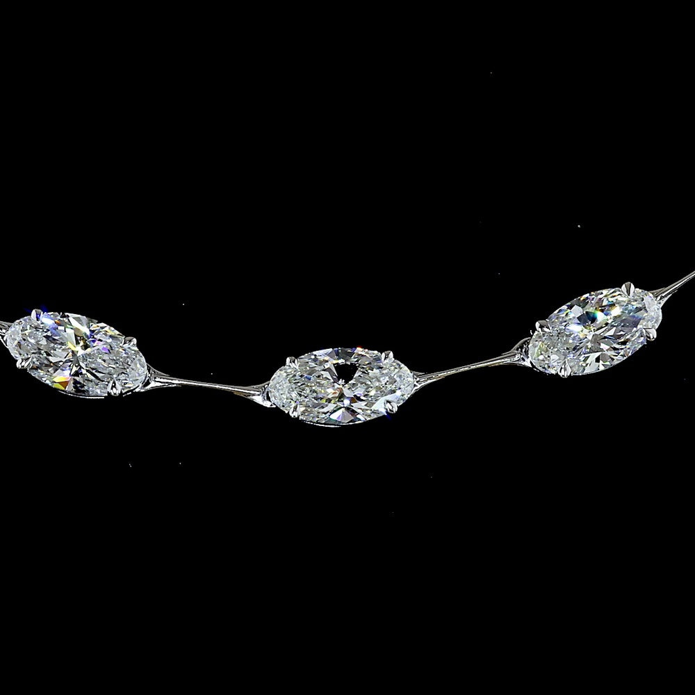 14K White Gold Station Necklace with 32 East-West Set Moval Cut Lab Diamonds - 12.75 Carat Total Weight, E-F Color VS1 Clarity - Covaloro Fine Jewelry