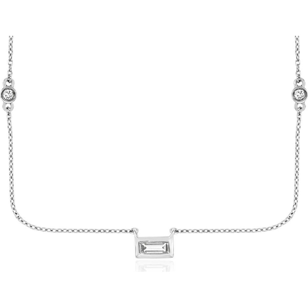 14K White Gold Station Necklace with Baguette and Round Bezel-Set Diamonds - 0.14 Carat Total Diamond Weight - Royal Jewelry