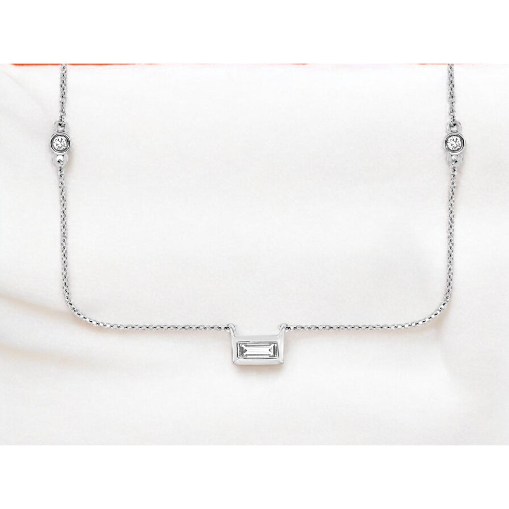 14K White Gold Station Necklace with Baguette and Round Bezel-Set Diamonds - 0.14 Carat Total Diamond Weight - Royal Jewelry